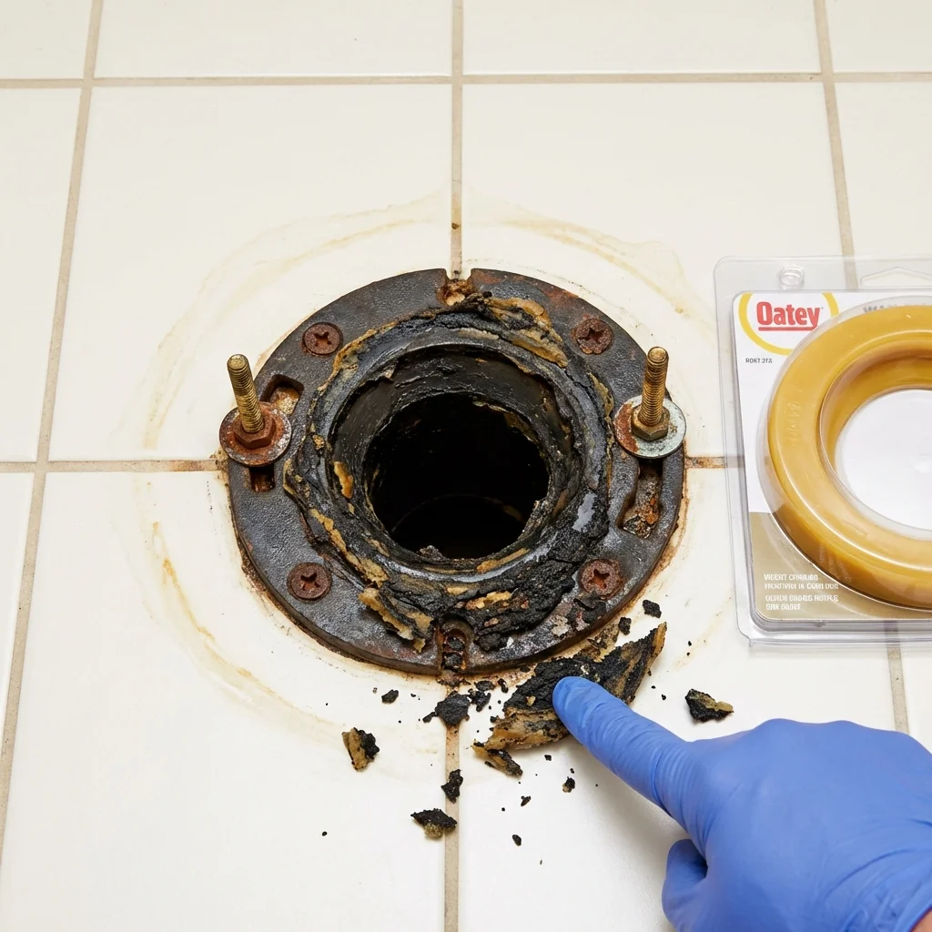 Failed wax ring showing water seepage at the base of a toilet in a Lexington, MS home